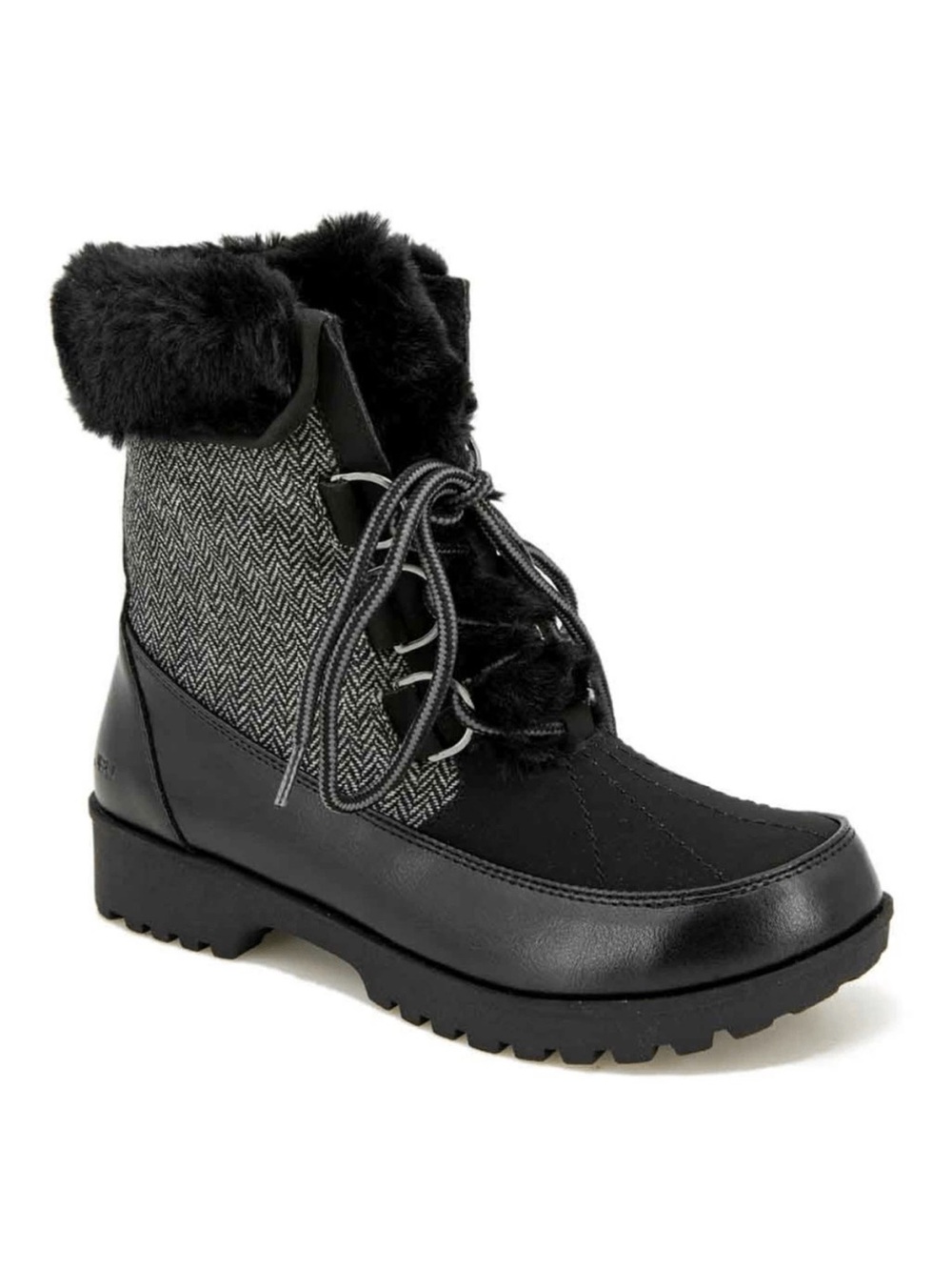 JBU Black Faux Fur Lace-Up Winter Boot with Herringbone Panel